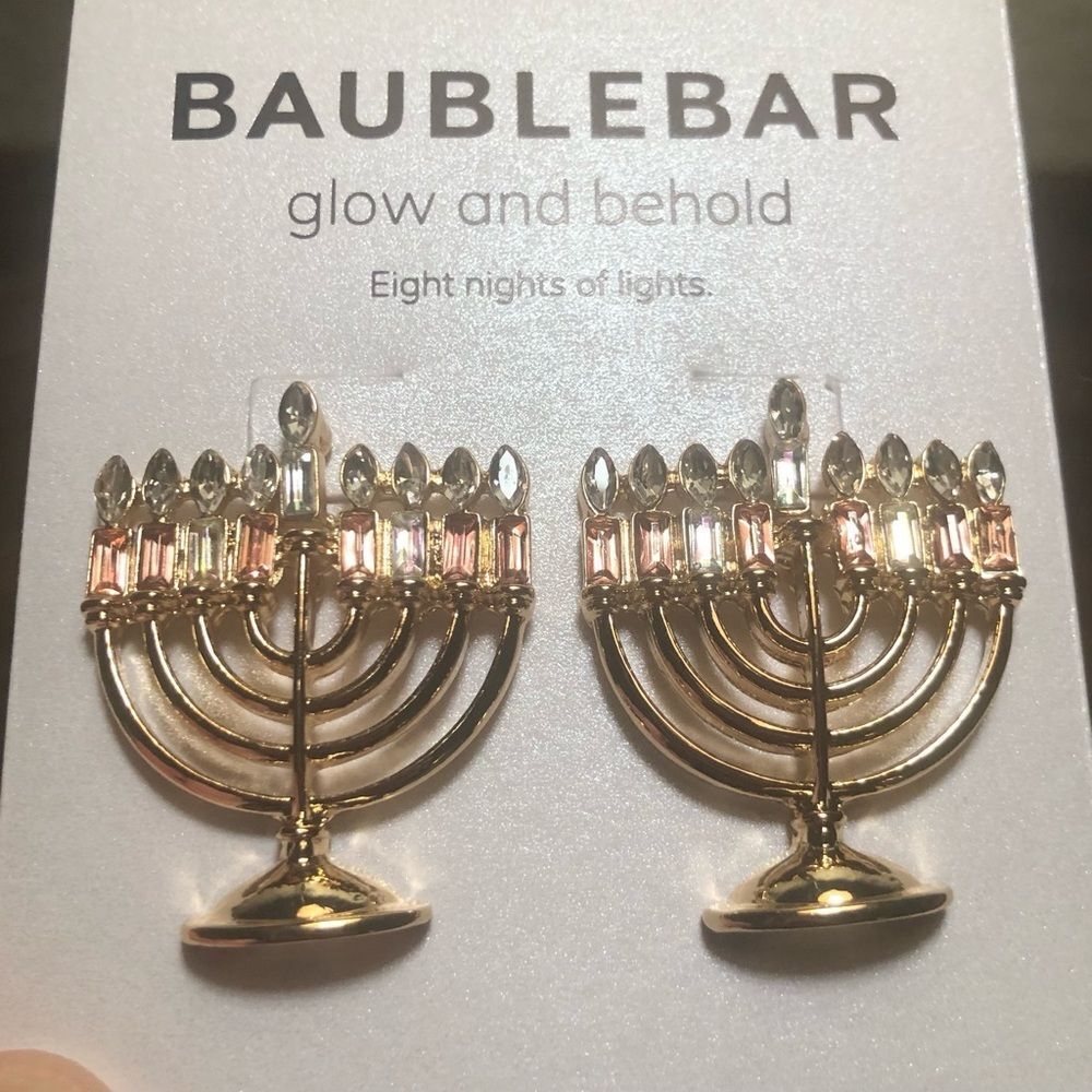 BaubleBar‎ Hanukkah Menorah Earrings Gold Tone Clear and Neutral Crystal Glass